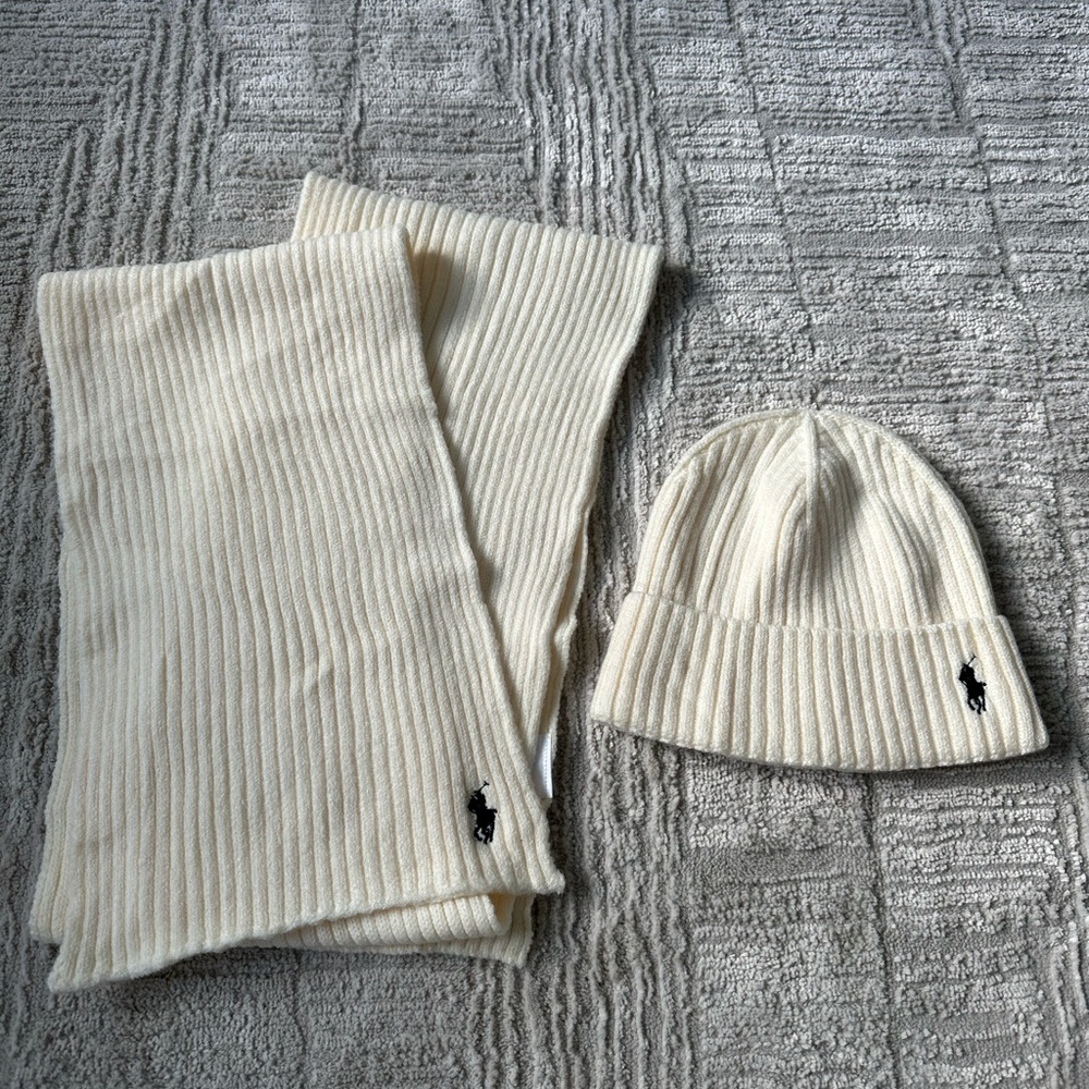 Polo by Ralph Lauren Ivory Knit Scarf and Beanie Set